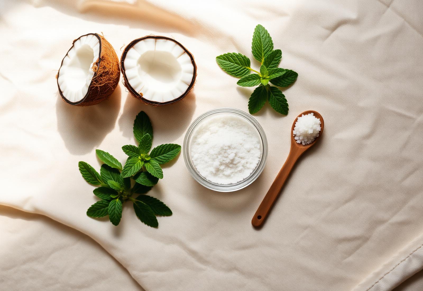 Coconut, mint, hydroxyapatite and xylitol laid on cream linen